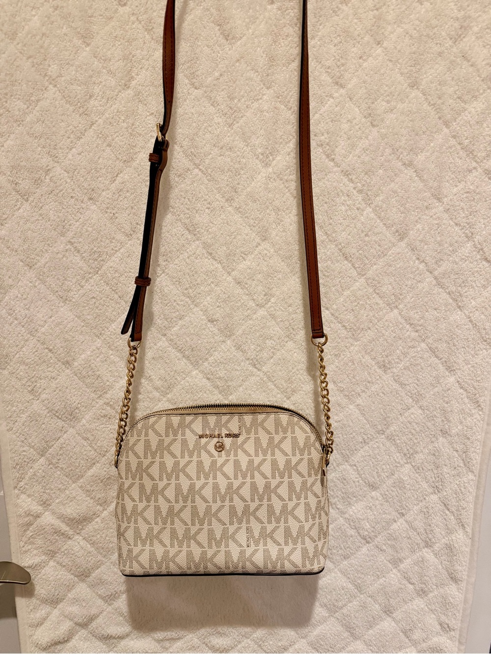 Michael Kors Beige MK Logo Crossbody with Brown Strap and Gold Hardware
